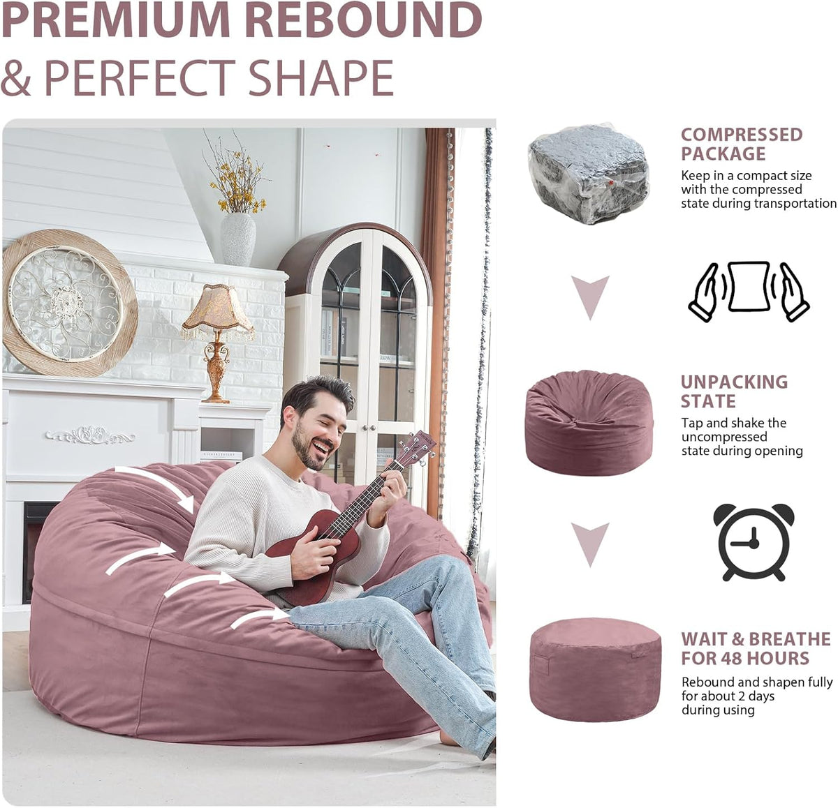 5FT Bean Bag Chair, Large Bean Bag Chairs with Memory Foam Filled, Fluffy Beanbag Sofa with Dutch Velvet Cover, Round BeanBag Chairs for Living Room, Playroom - Dusty Pink