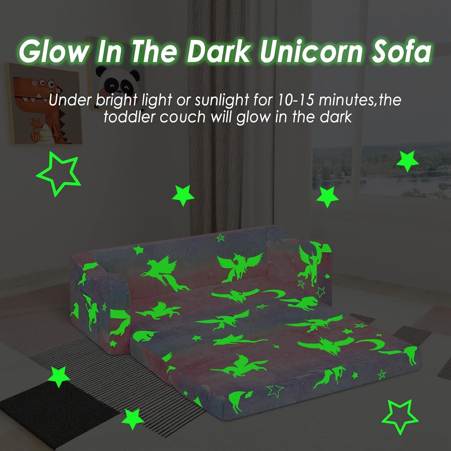 Kids Couch Extra Large,Glow in The Dark 2-in-1 Folding Kids Sofa Bed for Girls,2 Seats Convertible Sleeper Lounger Toddler Couch for Children Bedroom Playroom Nursery,Unicorn