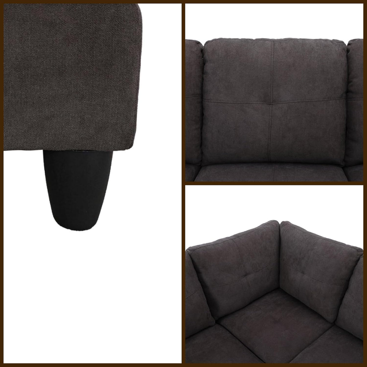 L Shaped Couch Sectional Couches with Chaise, Fluffy Fabric 3 Pieces Modular Convertible Sofa for Living Room Furniture Sets and Small Apartment, Dark Brown