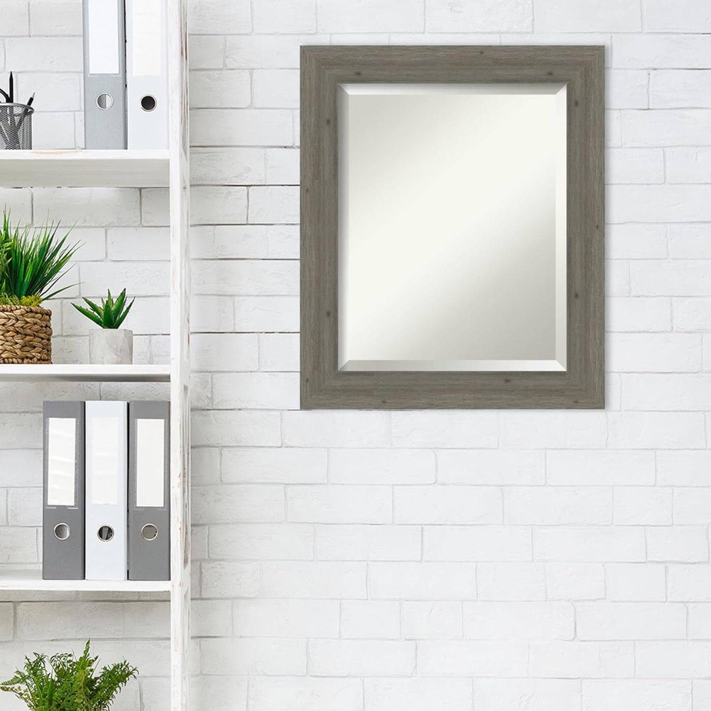 Amanti Art Grey Wall Mirror 25x21 Fencepost Grey Narrow Rectangle Bathroom Mirror for Wall Decor Living Room, Small Country Rustic Wood Frame, Hangs Horizonally and Vertically, Bathroom Decor,