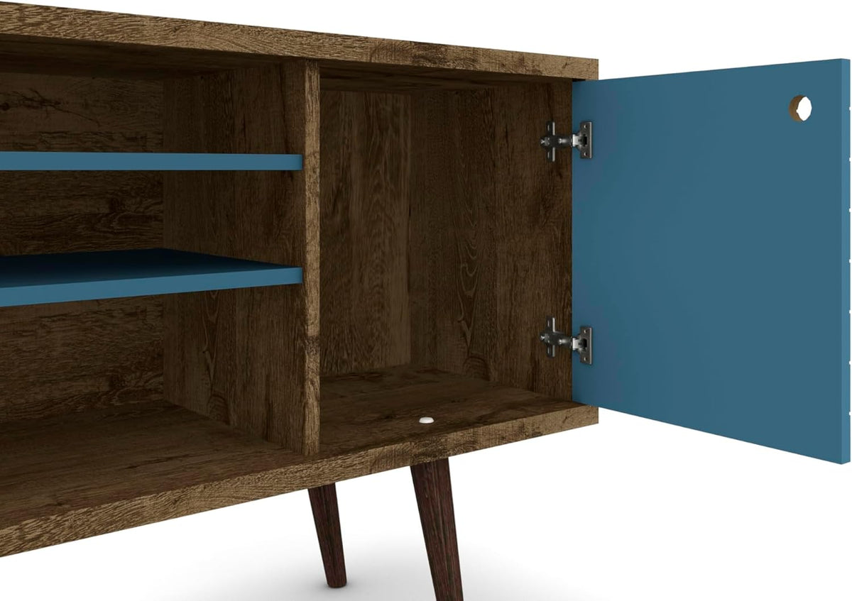 Manhattan Comfort Liberty Mid Century Modern TV Stand for Televisions up to 50 Inches, Bedroom and Living Room Entertainment Center with Storage, Shelves, and Cabinet, 53" Wide, Rustic Brown/Aqua