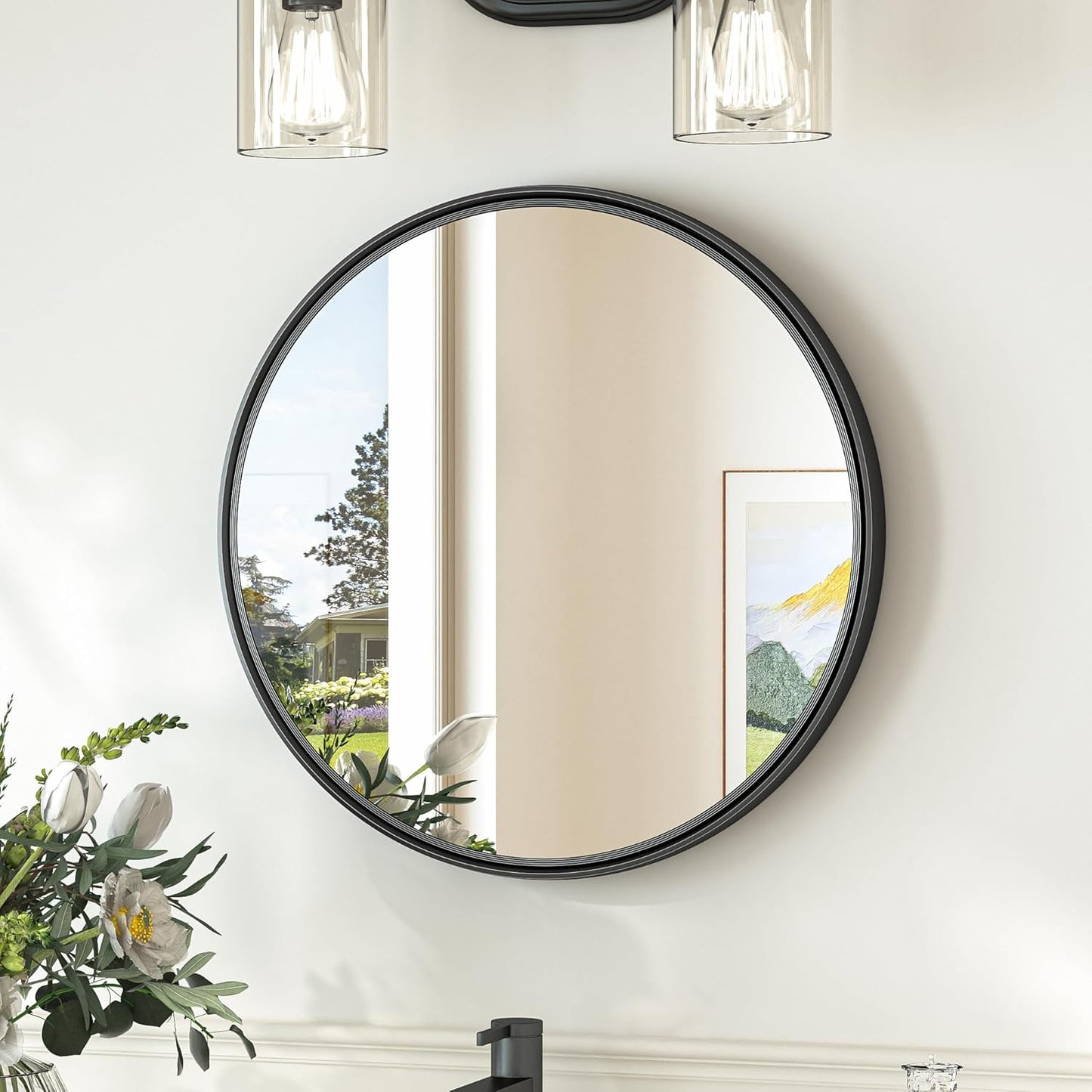 TokeShimi 18 in Round Framed Black Mirror for Bathroom, Shatterproof Circle Bathroom Vanity Mirror, 18x18 Round Wall Mirrored Farmhouse Metal for Living Room, Entryway, Bedroom, Restroom, Vanity