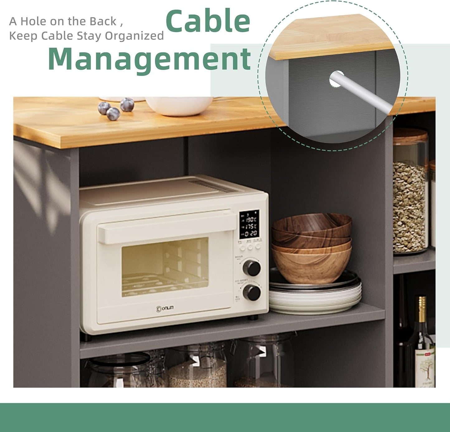 Shintenchi 47”W Kitchen Storage Island Cart with 6 Open Shelves and 1 Cabinet, Portable Trolley Cart with Wood Work Top and Handle/Towel Rack, Gray