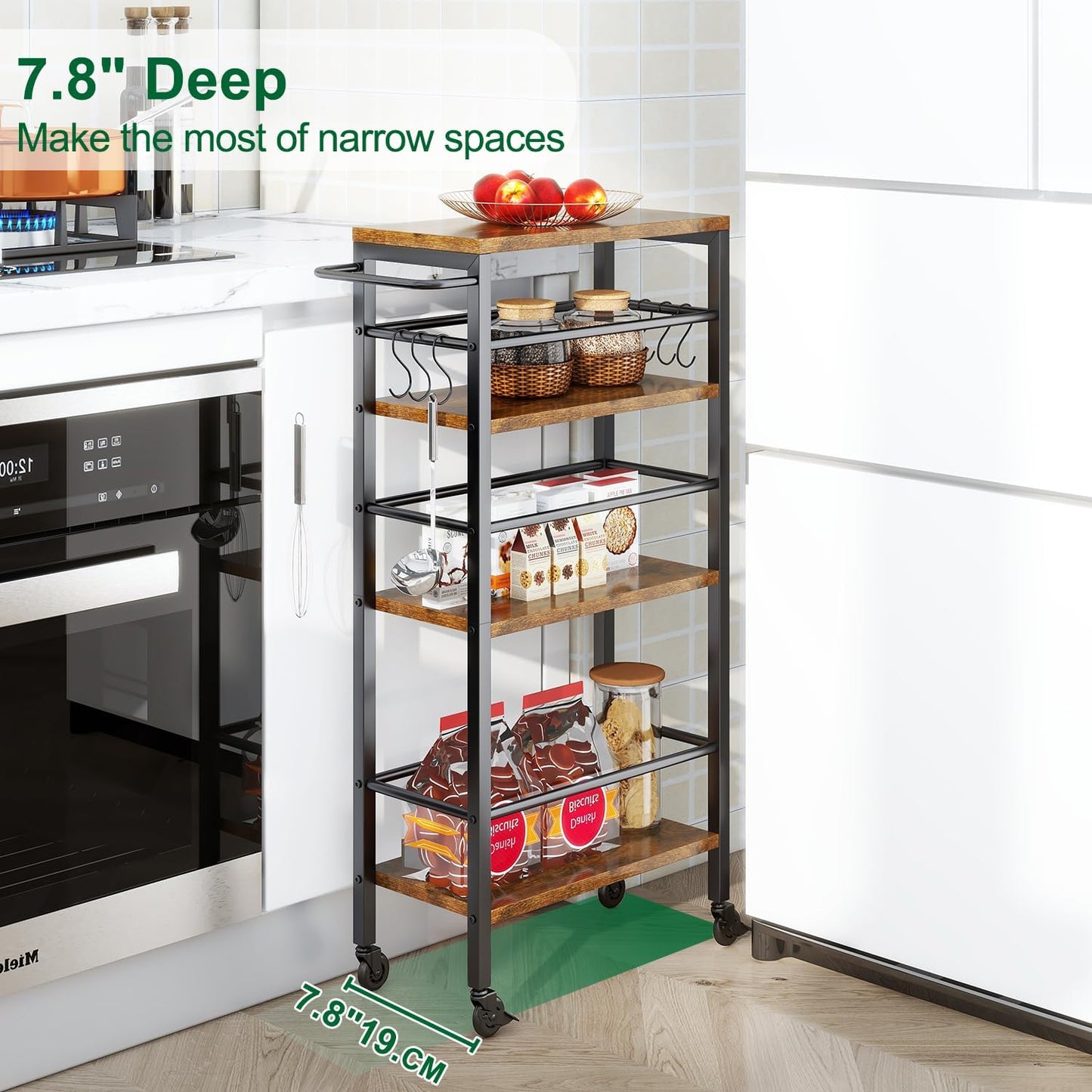 IBUYKE 7.8" Slim Rolling Cart,4-Tier Metal Kitchen Storage Cart,Trolley cart on Wheels for Narrow Space,with Handle and Wooden Tabletop,for Kitchen, Dining Room,Laundry Room,Rustic Brown UTMJ065H