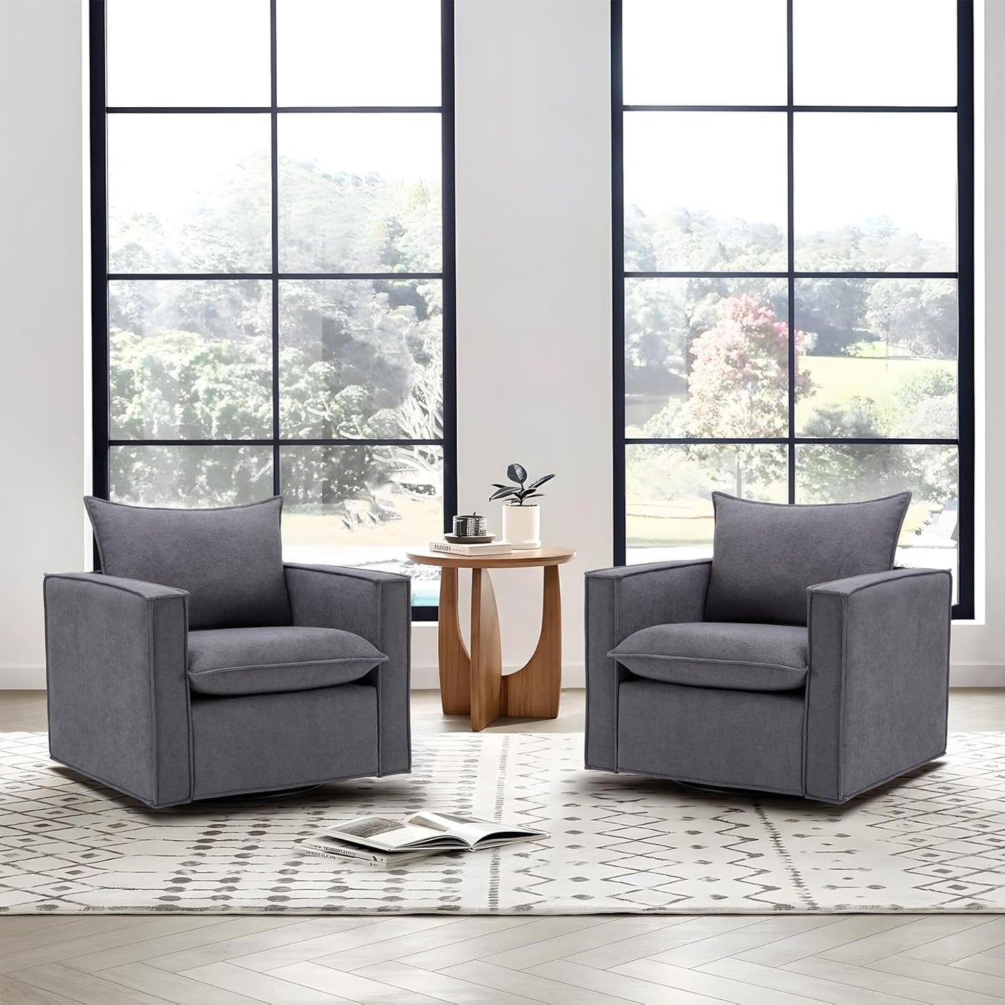 Swivel Accent Chair Set of 2, 34 Inches Wide Upholstered Arm Chair with Plump Back Pillow, Modern Sofa Living Room Chair for Bedroom, Corner, Reading Nook-Grey