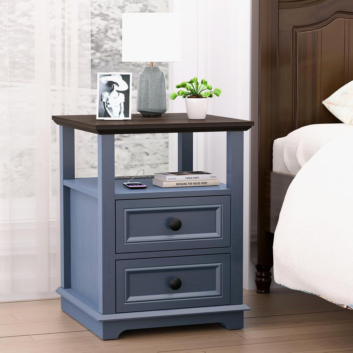 End Table with Fast USB C Charging Station, 18" Wide Tall Sofa Side Table with 2 Drawers, Large Storage Rustic Wood Square Storage Cabinet for Living Room,Bedroom,Office, Blue