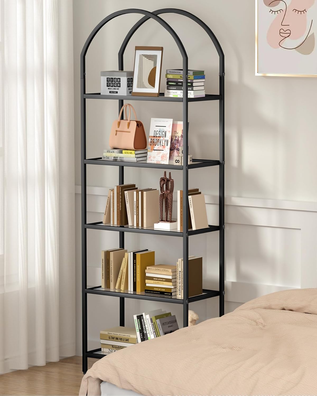 Homhedy Bookshelf Arched Display Racks,Metal Bookcase,Tempered Glass Shelves,Storage Rack Shelf for Home Office,Living Room,Bedroom, Bathroom,Modern Style (Black, 11.8" D x 23.6" W x 62.2" H)