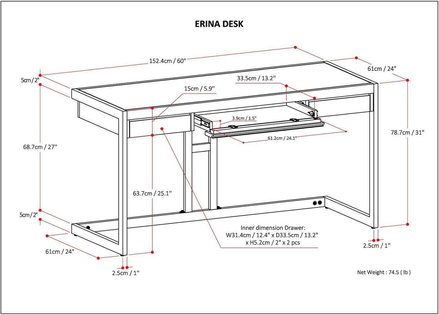 SIMPLIHOME Erina SOLID ACACIA WOOD Industrial 60 inch Wide Writing Office Desk in Distressed Grey for the Office Desk, Writing Table, Workstation and Study Table