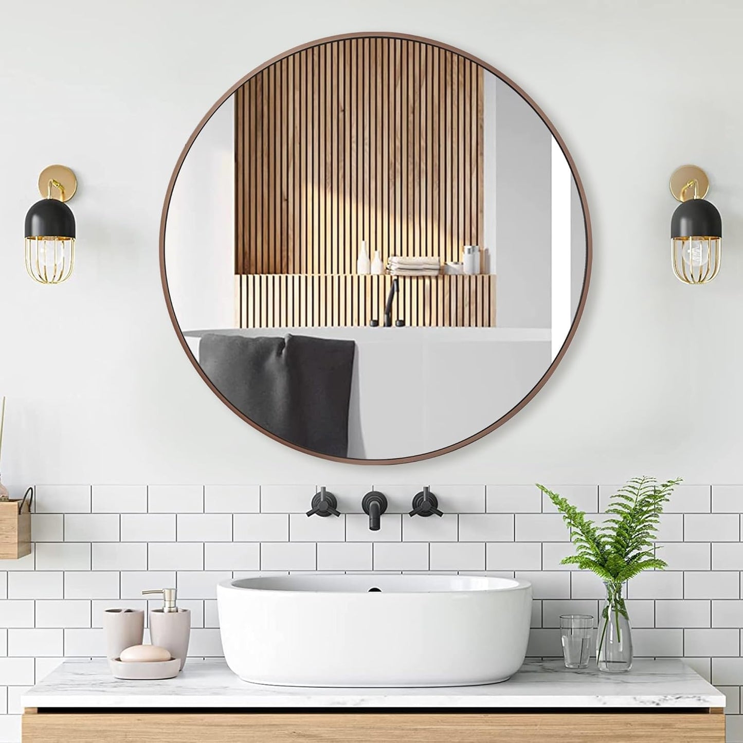 28 inch Round Bronze Mirror, Brushed Metal Framed Circle Wall Mirror for Bathroom Vanity, Bedroom Decor, Living Room, Entryway