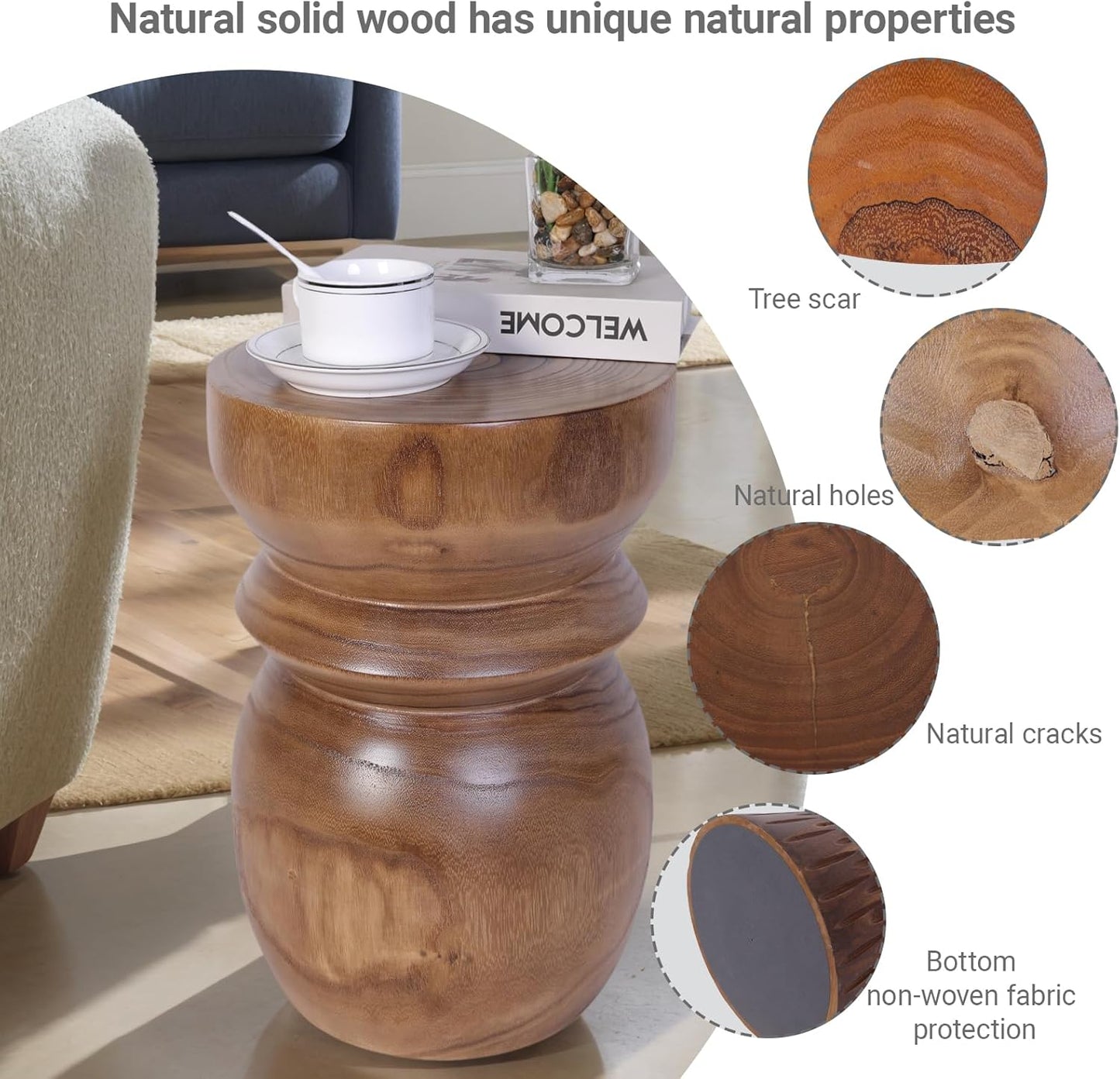 Handcrafted Tree Stump Accent Table 15.75" H Small Solid Paulownia Wood Stool/Side Table, Unique Rustic Farmhouse Decor, Ideal for Patio, Balcony, Bedroom