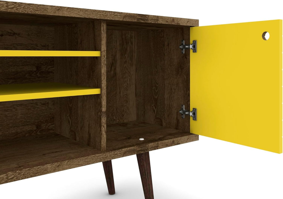 Manhattan Comfort Liberty Mid Century Modern TV Stand for Televisions up to 50 Inches, Bedroom and Living Room Entertainment Center with Storage, Shelves, and Cabinet, 53" Wide, Rustic Brown/Yellow