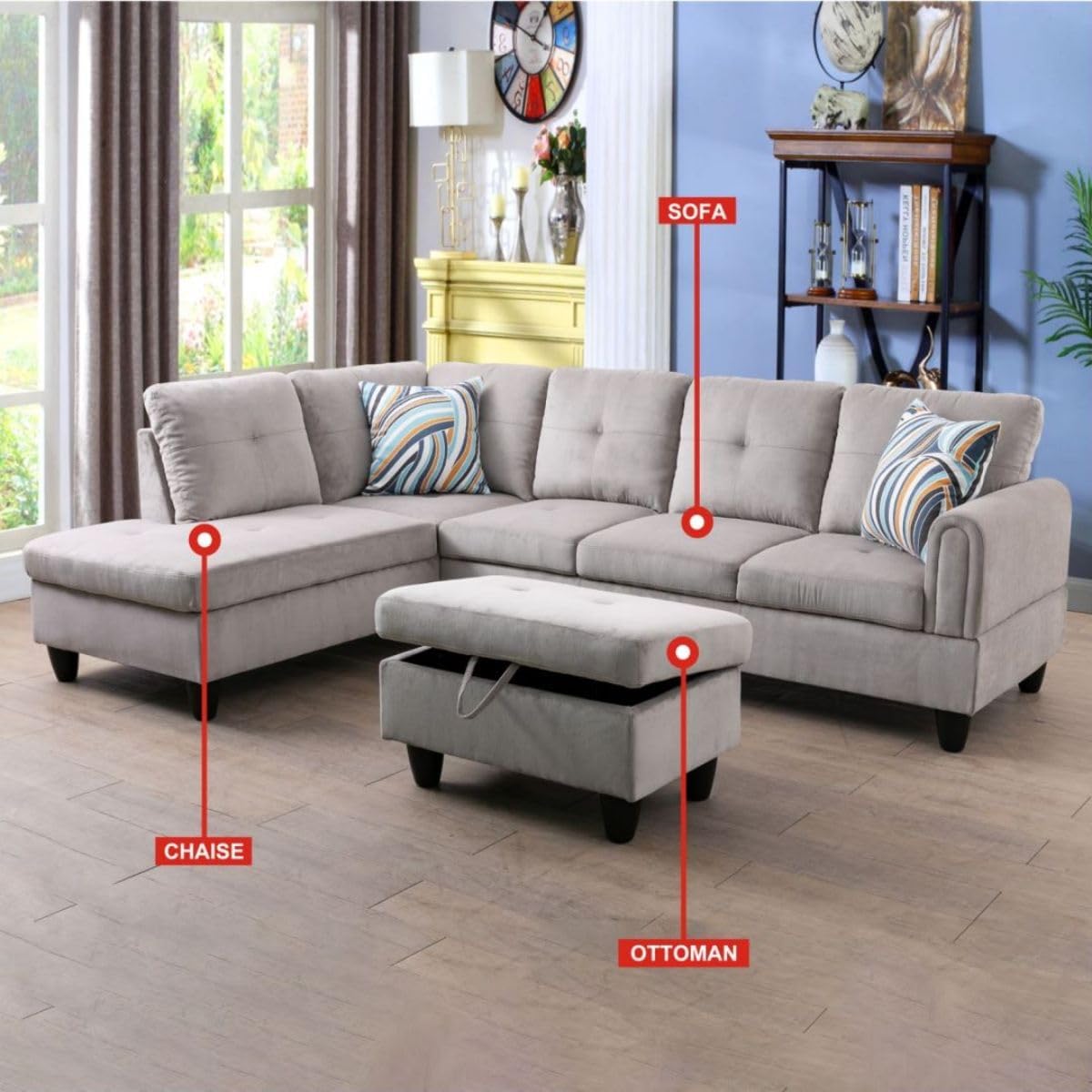 Grey White L-Shaped 3-Piece Corduroy Sofa with Storage Ottoman Set, Sectional Couch Sofa Set for Living Room, Office, Small Space