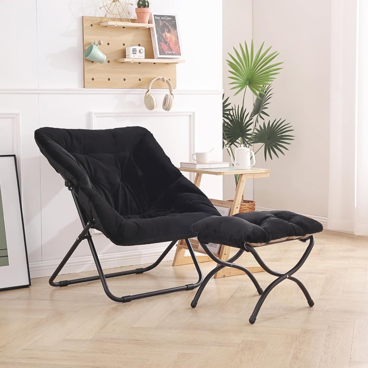 Oversized Folding Faux Fur Chair with Ottoman, X-Large Soft Saucer Chair, Foldable Metal Frame for Bedroom, Living Room, Balcony (Black)