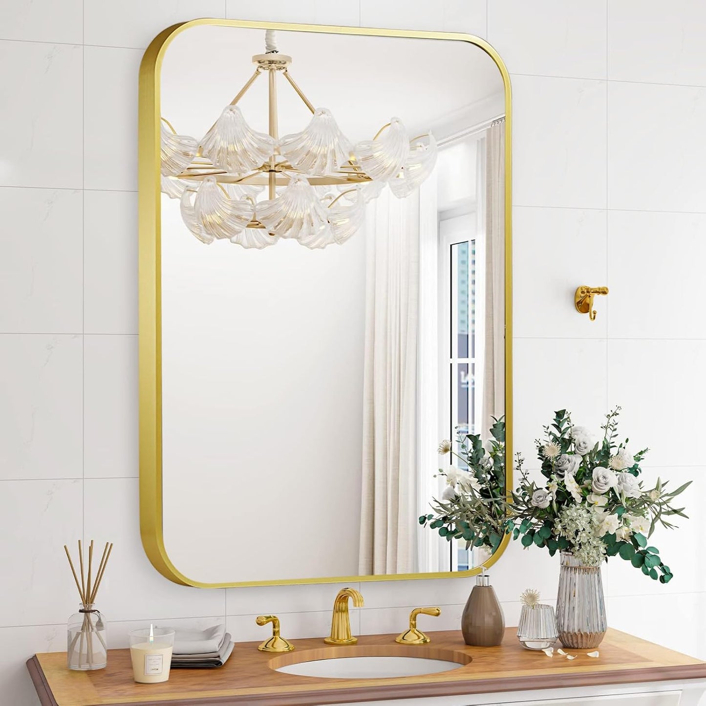 24x36 Inch Bathroom Mirror for Wall,Matte Gold Framed Rectangle Mirror with Rounded Corner,Aluminum Alloy Framed Brushed Wall Mirror for Bedroom or Living Room,Vertical or Horizontal