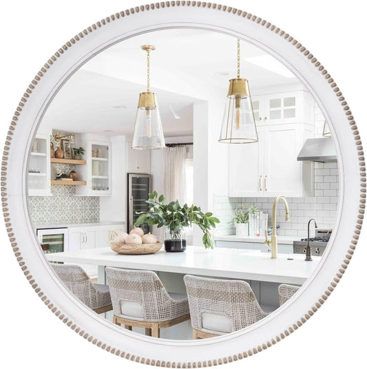 sawsile Wood Circle Mirror,Rustic Farmhouse Wall Mirror 28 inch Round Morden Decoration Wood Large Mirror White Accent Mirror for Bedroom,Living Room