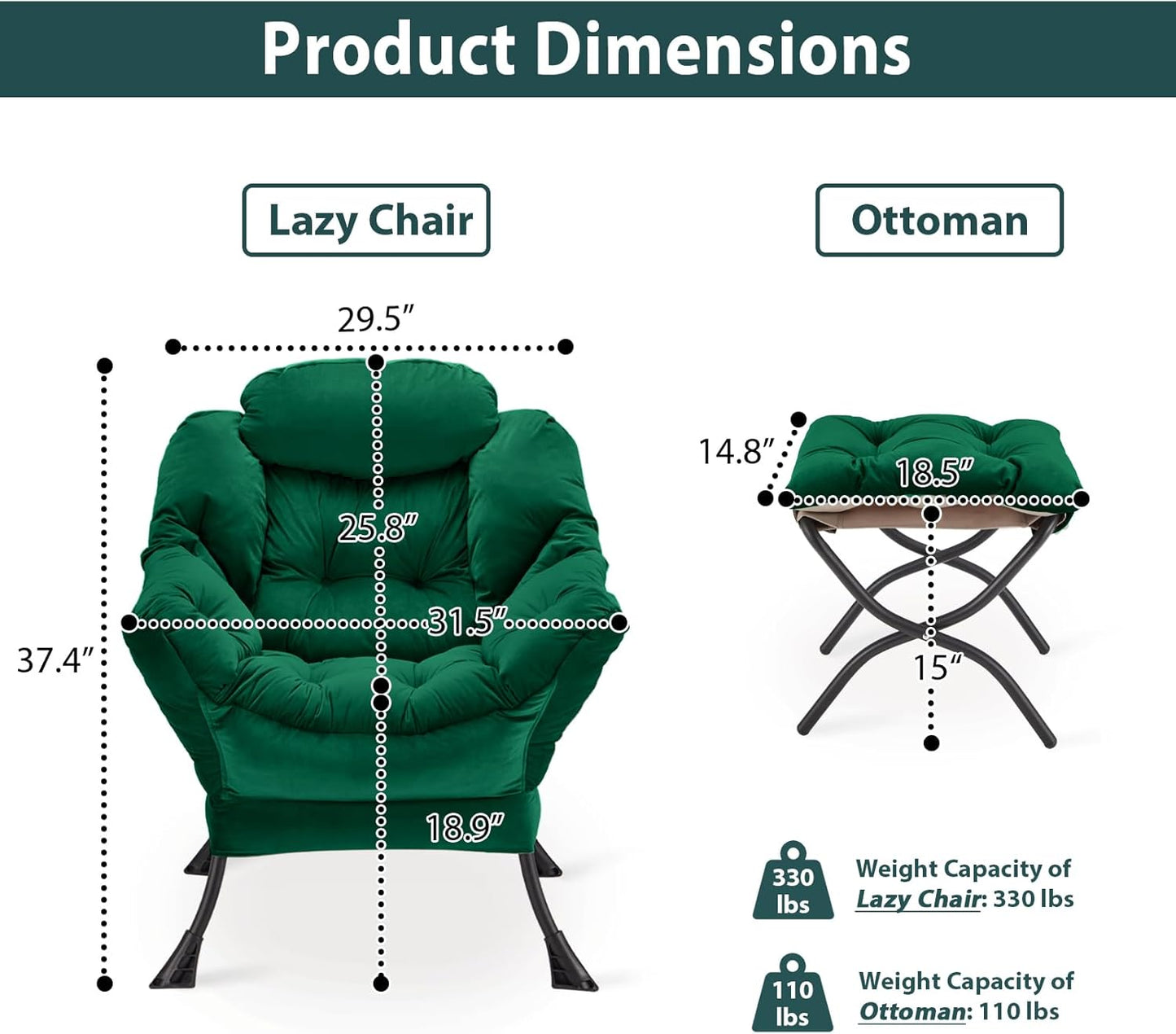 Lazy Chair with Folding Ottoman, Accent Chair Velvet Upholstered with Metal Structure and Non-Slip Pads, Sofa Armchair with Footrest and Side Storage Bag for Dorm, Room, Office, Green