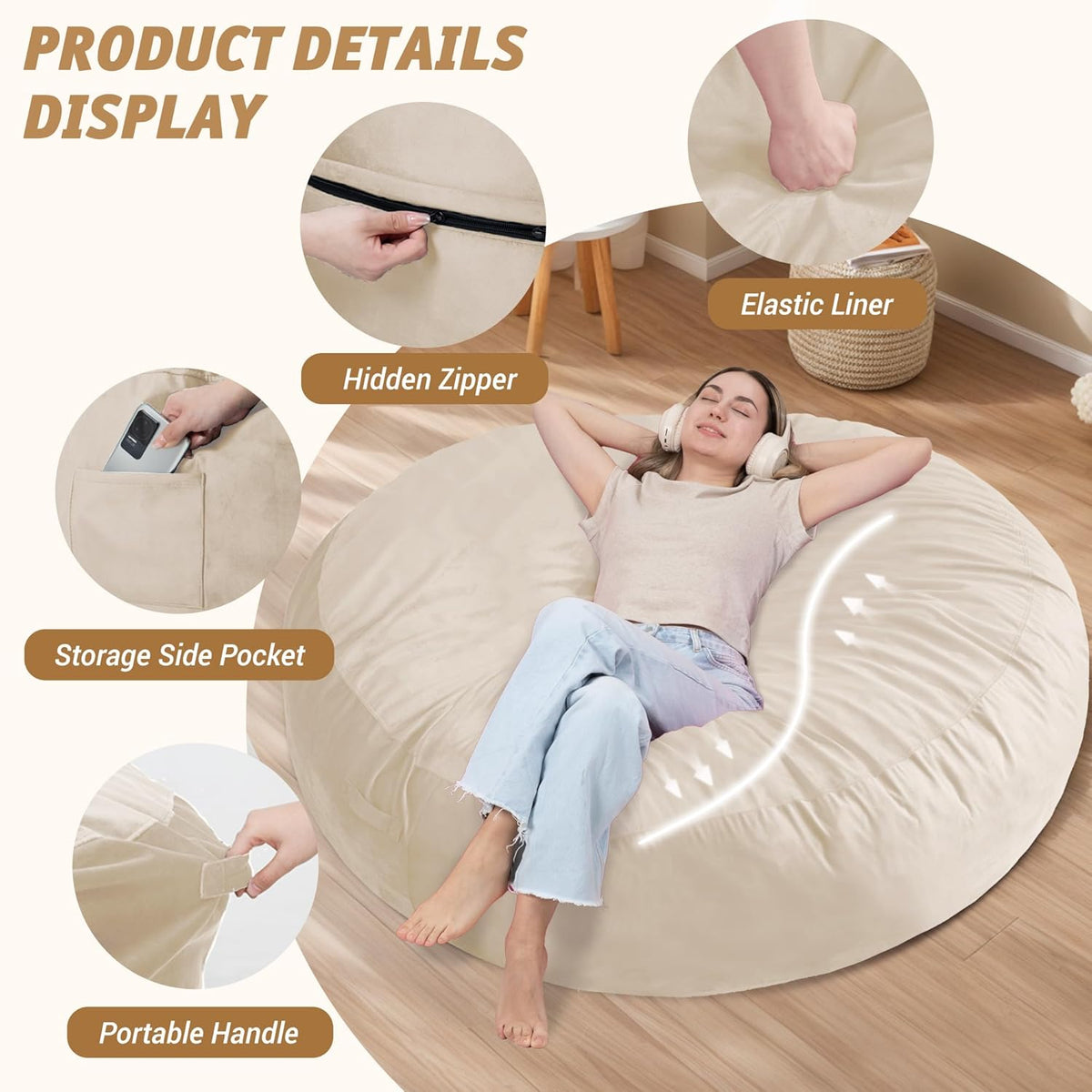 7FT Bean Bag Chair with Ultra Soft Velvet Cover Bean Bag Sofa with Memory Foam Bean Bag Chairs with Large Size Lazy Sofa for Dorm Office Living Room Bedroom Beige 7'