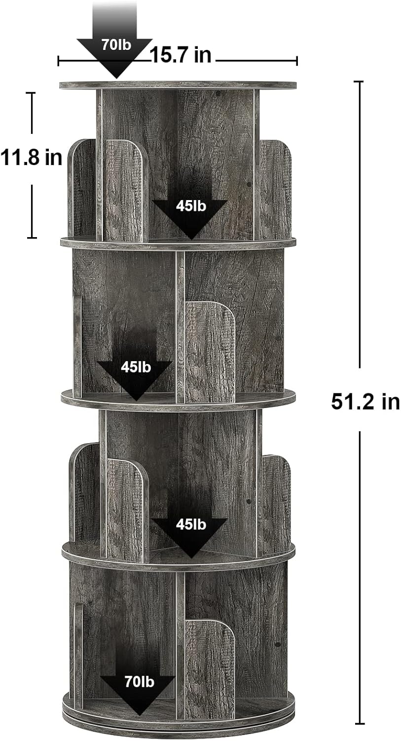Aheaplus Rotating Bookshelf, 360 Display Corner Bookshelf for Small Space, 4 Tier Floor Standing Bookcase Storage Rack, Wood Narrow Book Shelf Organizer for Bedroom, Living Room, Study Room, Grey Oak