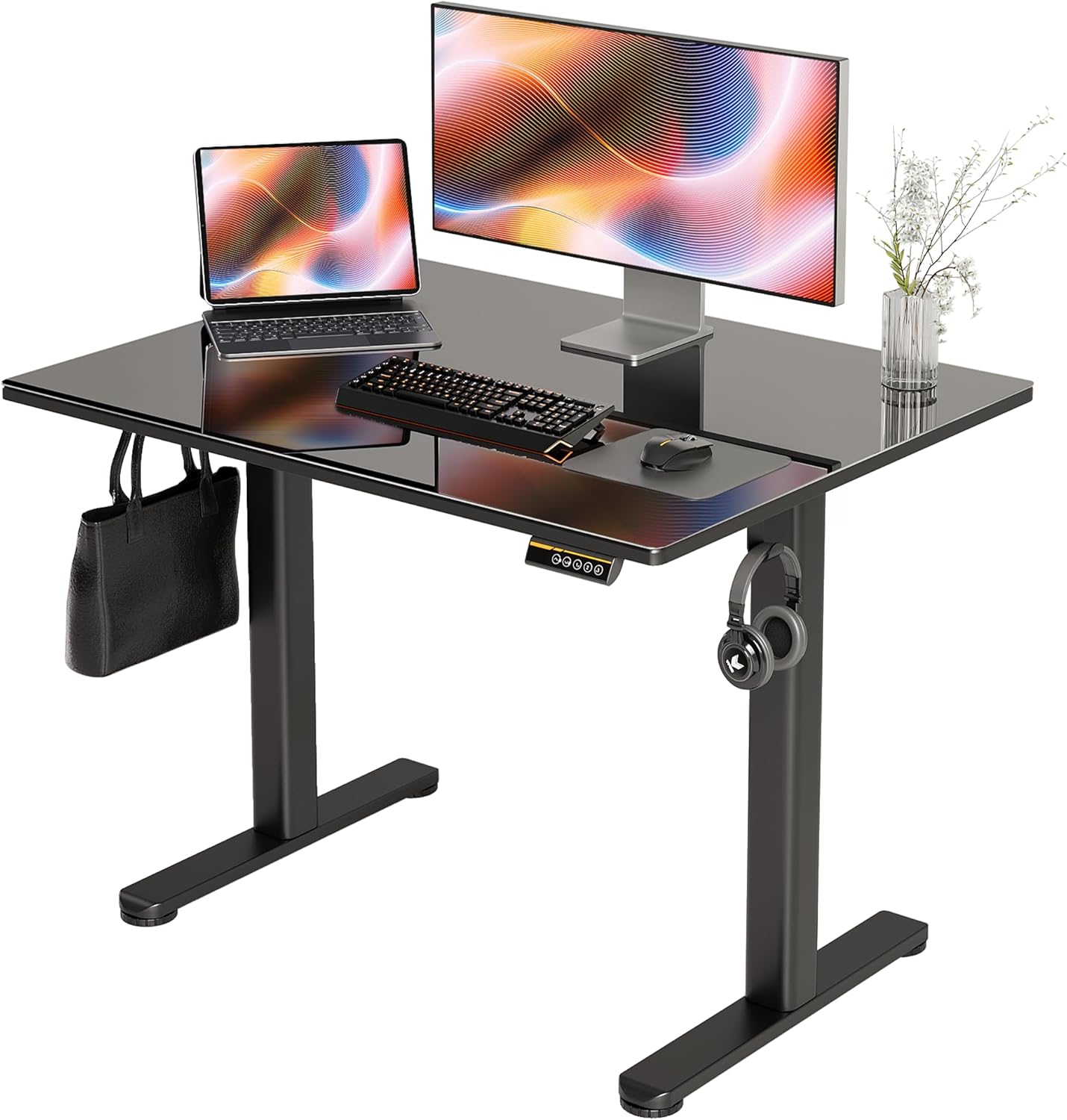 Claiks Glass Standing Desk, 40x24 Inch Small Stand Up Desk Electric Adjustable Height Quick Install Computer Desk for Home Office, Black
