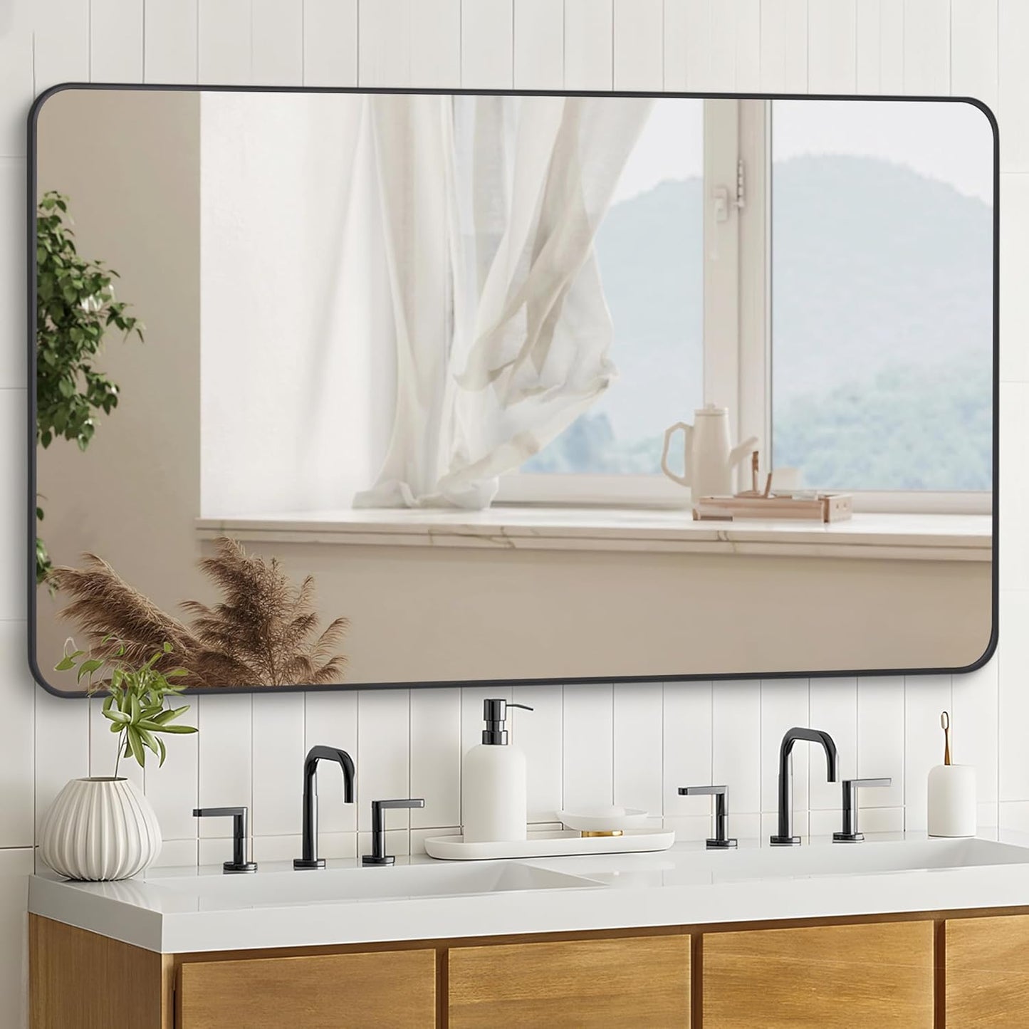 36" x 48"Bathroom Mirror, Matte Black Wall Mirror with Metal Frame, Decorative Rectangular Vanity Mirror for Bedroom Bathroom Living Room Entryway (Horizontal/Vertical)
