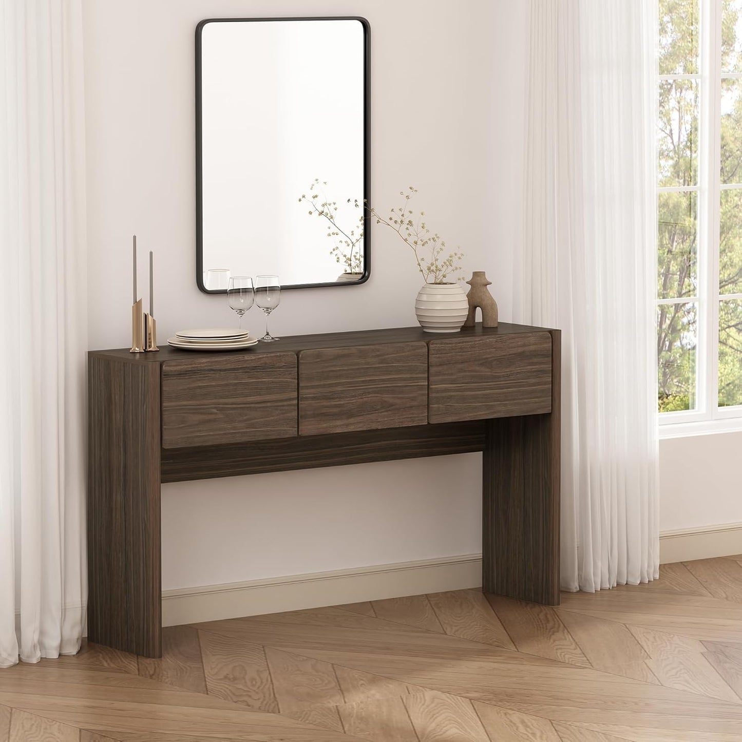 Manhattan Comfort Linda Modern Console Table with 3 Storage Drawers – 60" Narrow Entryway Stand for Living Room, Hallway, or Dining Room – Wood Grain Accent Furniture, Walnut Brown