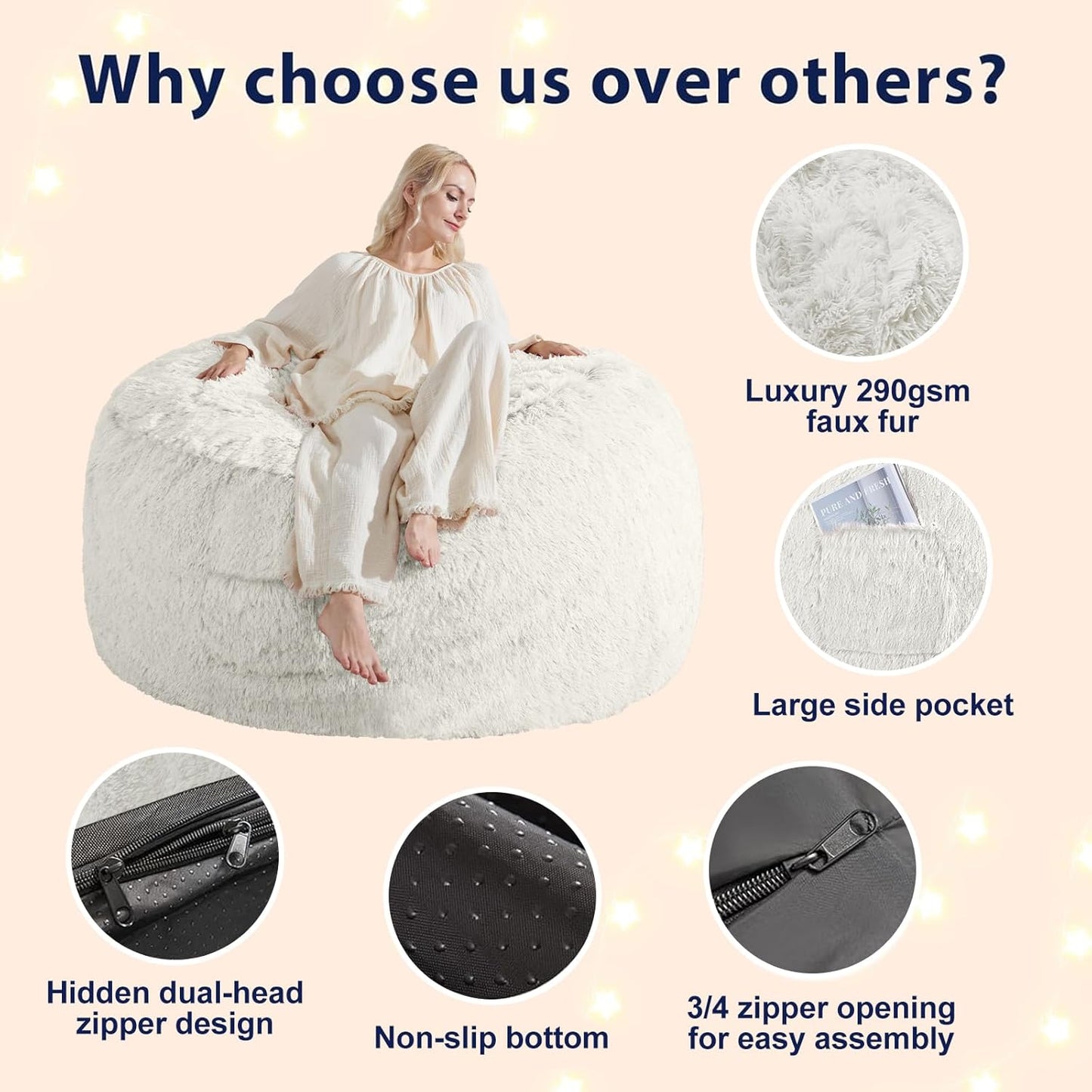 Giant Bean Bag Covers Only, Fluffy Stuffed Beanbag Chair Covers No Filler, Washable Bean Bags Cover for Adults, Stuffed Animal Bean Bag Anti-Slip, 6FT, White