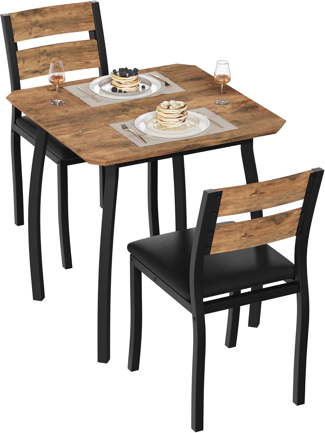 Small Dining Table Set for 2,3-Piece Kitchen Table Set with Thick Wood Grain Tabletop & 2 Upholstered Chairs & Metal Frame, Compact Table Set for Small Spaces, Kitchens & Dining Rooms (Brown)