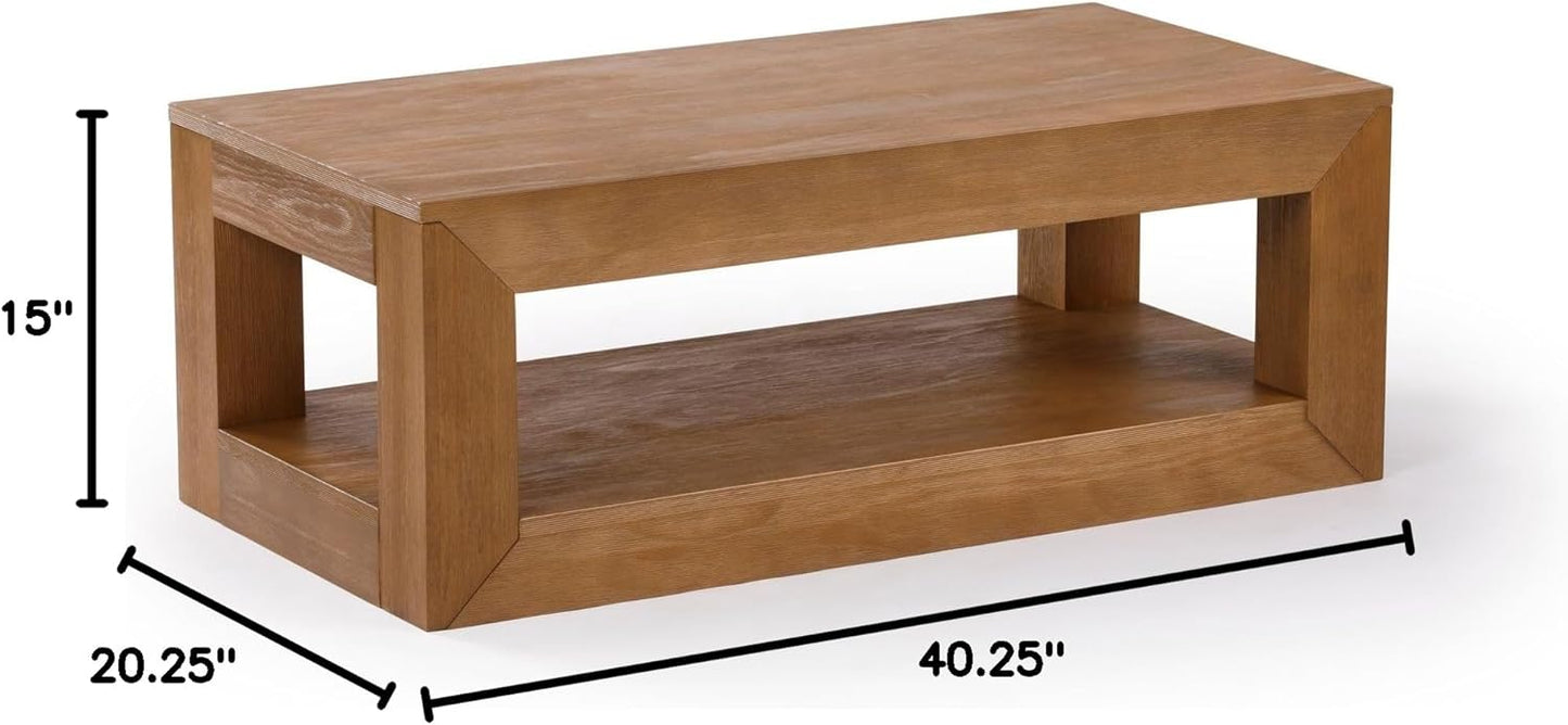 Plank+Beam 40" Modern Rectangular Coffee Table with Shelf, Solid Wood Center Table with Storage, 2 Tier Tea Table for Living Room, Pecan Wirebrush