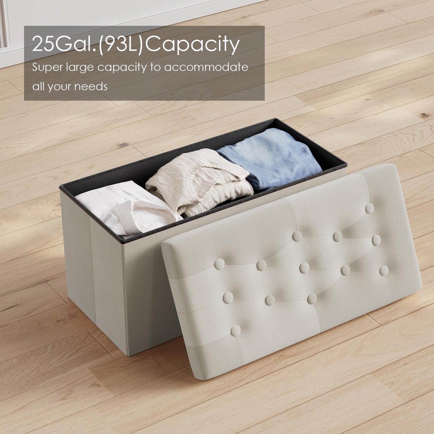 PRANDOM Extra Large Ottoman with Storage [1-Pack] Velvet Folding Small Square Foot Stool with Lid for Living Room Bedroom Coffee Table Dorm Beige 30.5x15x15 inches