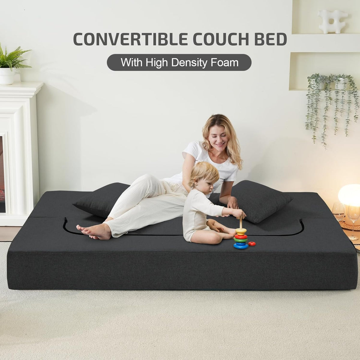2-in-1 Folding Sofa Bed with Pillows - Folding Chair Floor Couch & Sleeping Mattress - Washable Cover & Memory Foam Sleeper Chair for Living Room/Guest Room/Apartment/Loft, Dark Gray, Twin XL