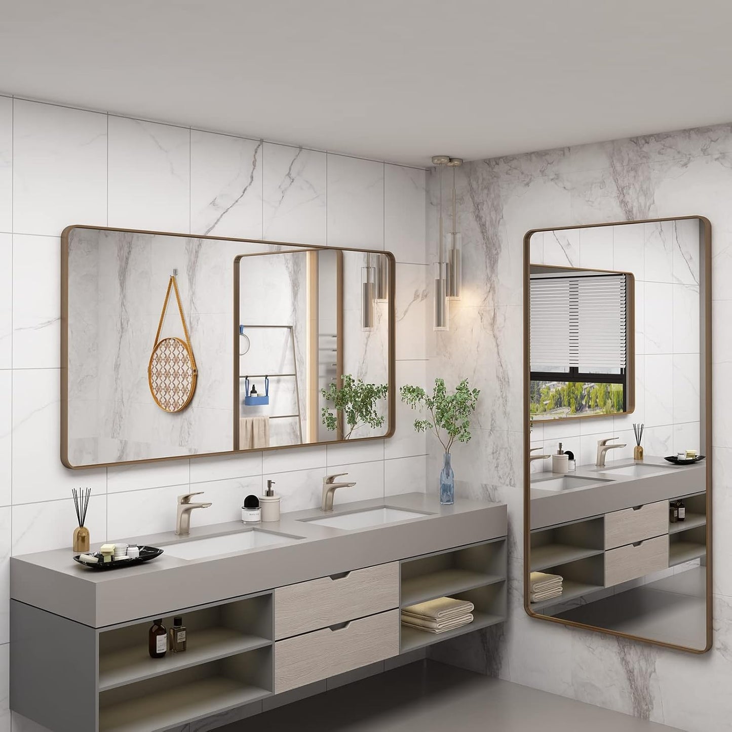 55x30 Gold Bathroom Mirror, Brushed Metal Frame Gold Vanity Mirror, Large Rectangle Mirror for Wall, Rounded Corner, Shatterproof, Anti-Rust (Horizontal/Vertical)