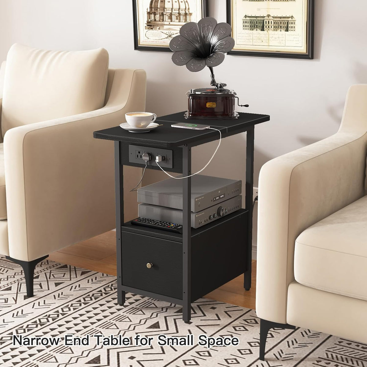 LIDYUK End Table with Charging Station, Narrow Side Table with Drawer and USB Ports & Power Outlets, Nightstand Bedside Tables for Small Spaces, Bedroom, Living Room, Black