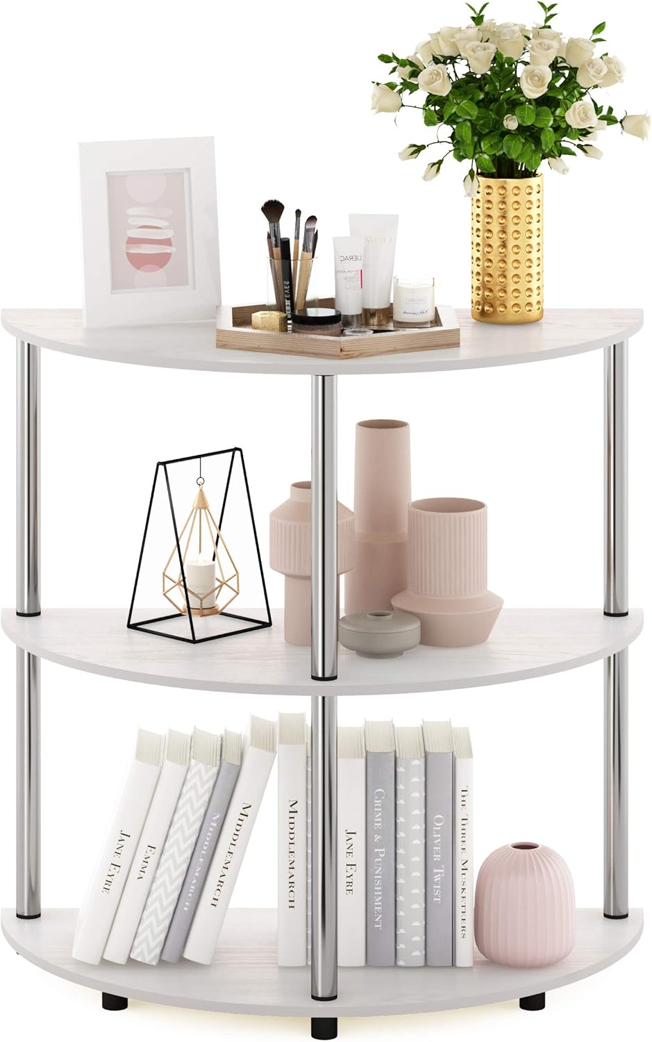 Furinno Frans Turn-N Half Round Console Table with Stainless Steel Tubes, White Oak, 15.6D x 31.1W x 30.8H in