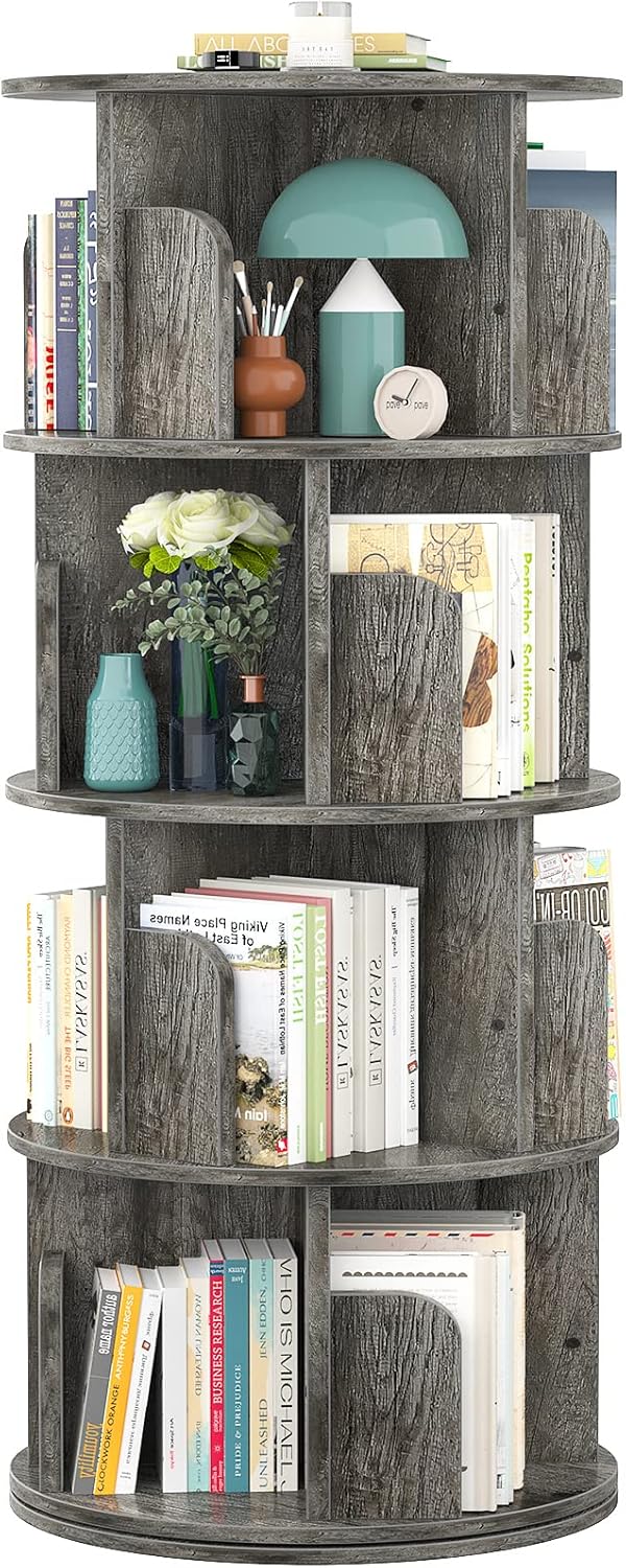 Aheaplus Rotating Bookshelf, 360 Display Corner Bookshelf for Small Space, 4 Tier Floor Standing Bookcase Storage Rack, Wood Narrow Book Shelf Organizer for Bedroom, Living Room, Study Room, Grey Oak