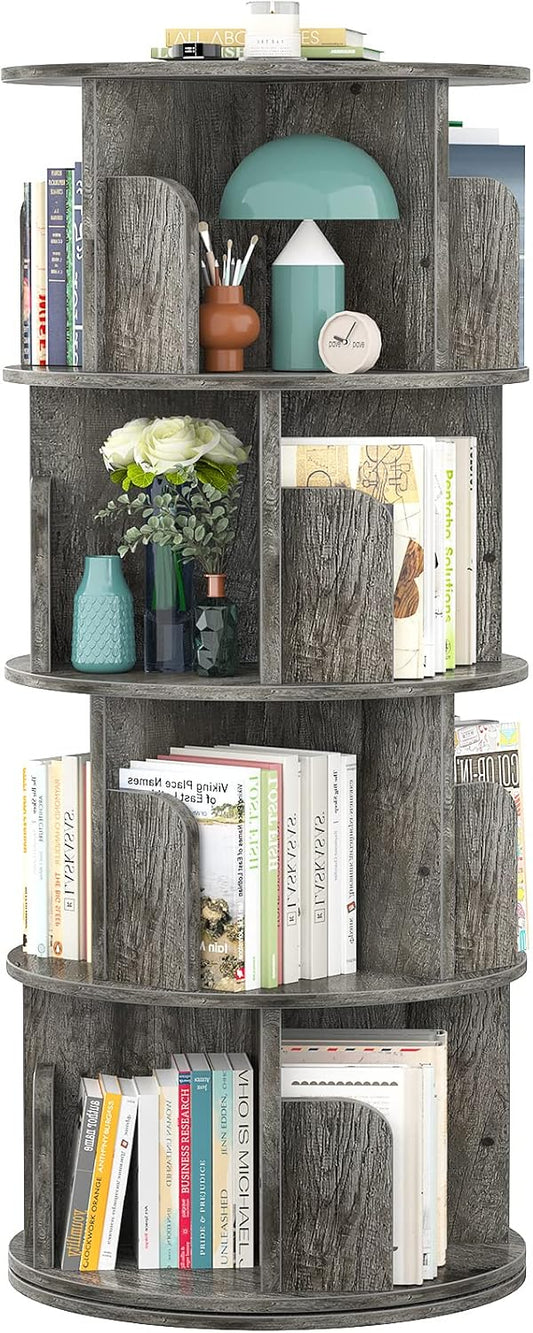 Aheaplus Rotating Bookshelf, 360 Display Corner Bookshelf for Small Space, 4 Tier Floor Standing Bookcase Storage Rack, Wood Narrow Book Shelf Organizer for Bedroom, Living Room, Study Room, Grey Oak