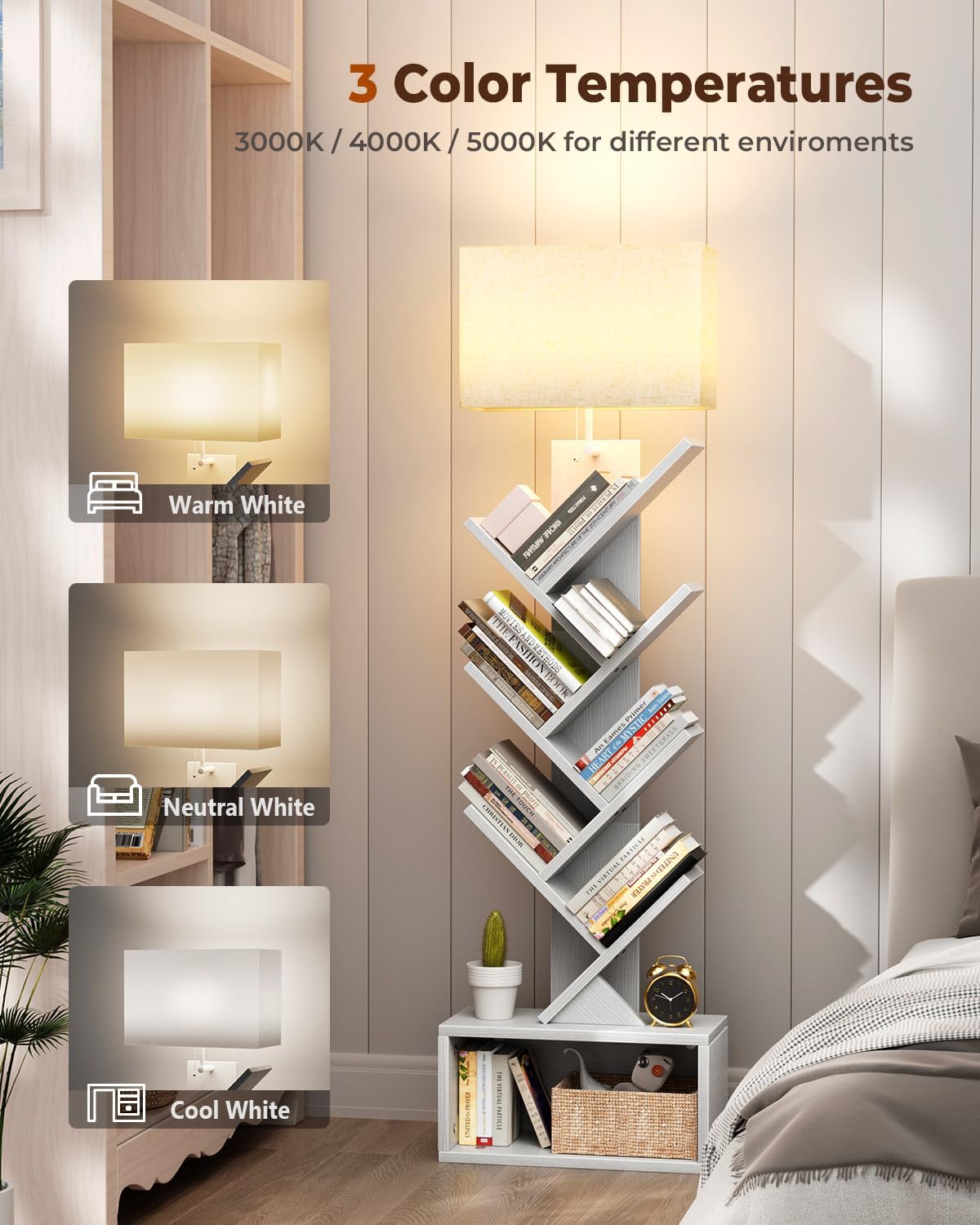 6 Tier Tree Bookshelf with Light, Narrow Bookcase Tower, Tall Floor Standing Book Shelf Organizer with Storage Cabinet for Living Room, Bedroom and Home Office, White