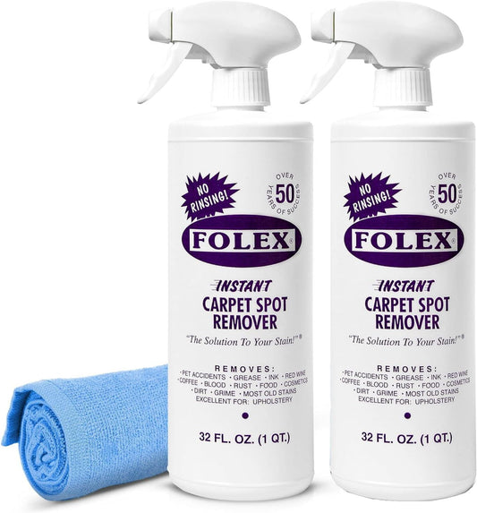 FOLEX Instant Carpet Spot Remover 32 oz – Powerful Stain Remover for Carpets, Upholstery & Rugs – Eliminates Pet Stains, Grease, Red Wine, Food, Makeup & More – With Reusable Cleaning Cloth – 2 Pack