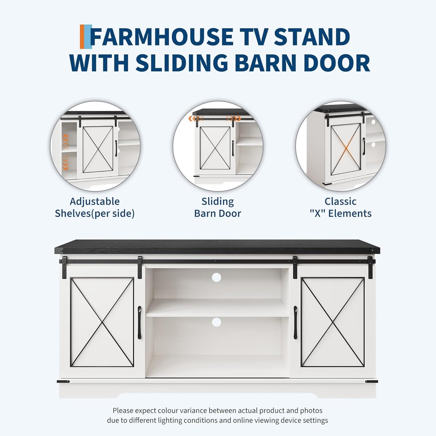 GAOMON Farmhouse 59" TV Stand Up to 65 Inches, Mid Century Modern TV Entertainment Center with Storage Cabinets & Open Shelves, Wood TV Cabinet for Living Room, White