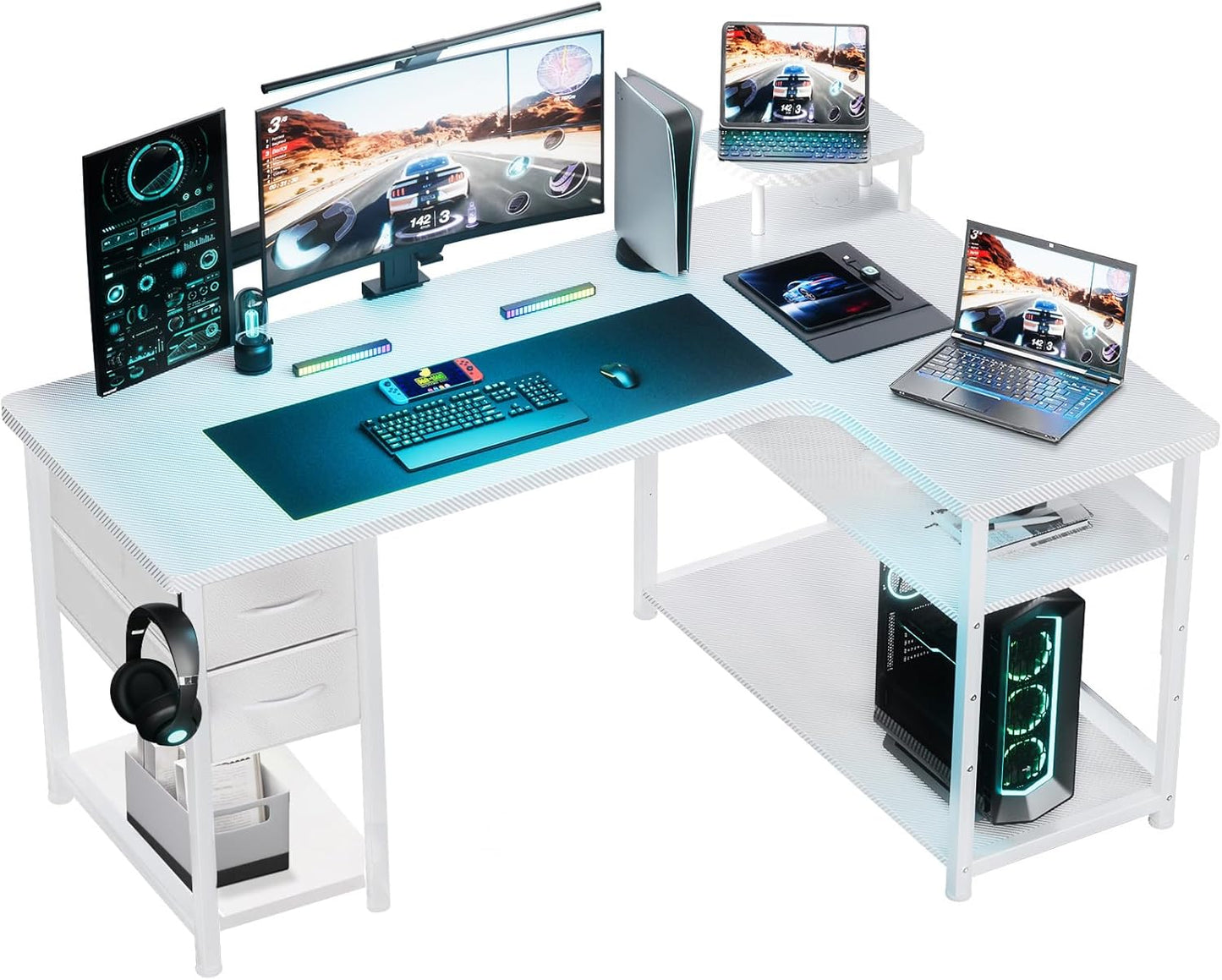 GTRACING Gaming Desk with Drawers, Carbon Fiber Style L Shaped Computer Desk Compatible with Monitor Arm Corner Desk Gaming Table for Home Office Desks, Easy to Assemble Adjustable Shelf Height