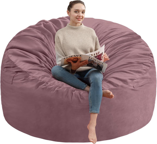 4FT Bean Bag Chair, Large Bean Bag Chairs with Memory Foam Filled, Fluffy Beanbag Sofa with Dutch Velvet Cover, Round BeanBag Chairs for Living Room, Playroom - Dusty Pink