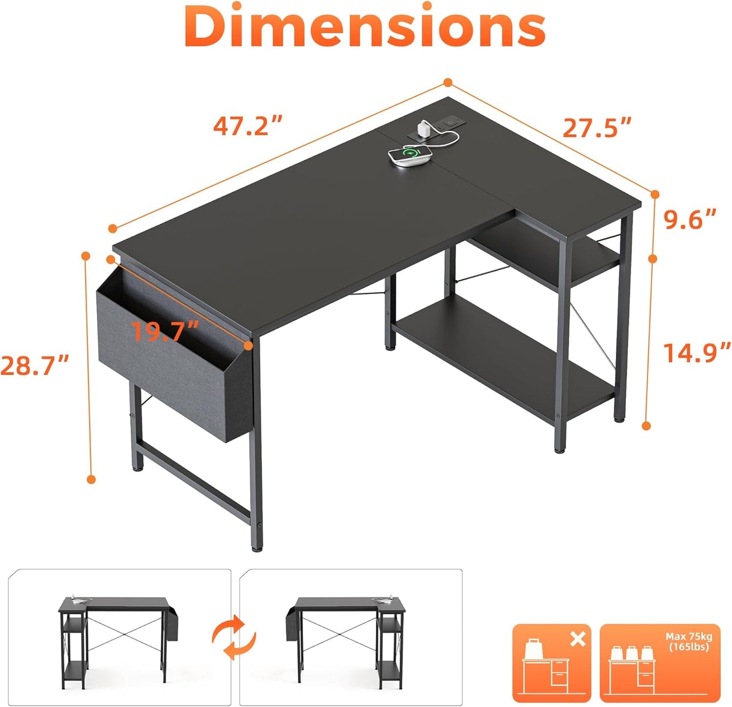Small L Shaped Computer Desk with Power Outlets, Gaming Desk for Small Spaces, Corner Desk with Reversible Storage Shelves, Study Writing Table for Home Office (Socket, Black, 48 inch)