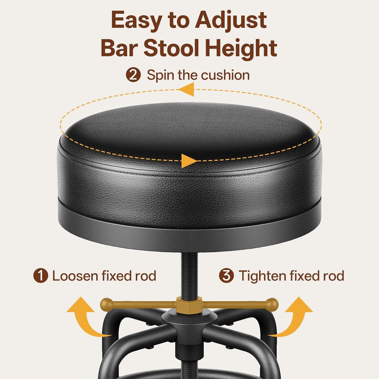 Adjustable Height Swivel Bar Stools Set of 3, 22-29 Inch Industrial Vintage Bar Counter Height Stools with Thicken Premium Bonded Leather Seats & Updated Footrests, Easy Assembly, Black