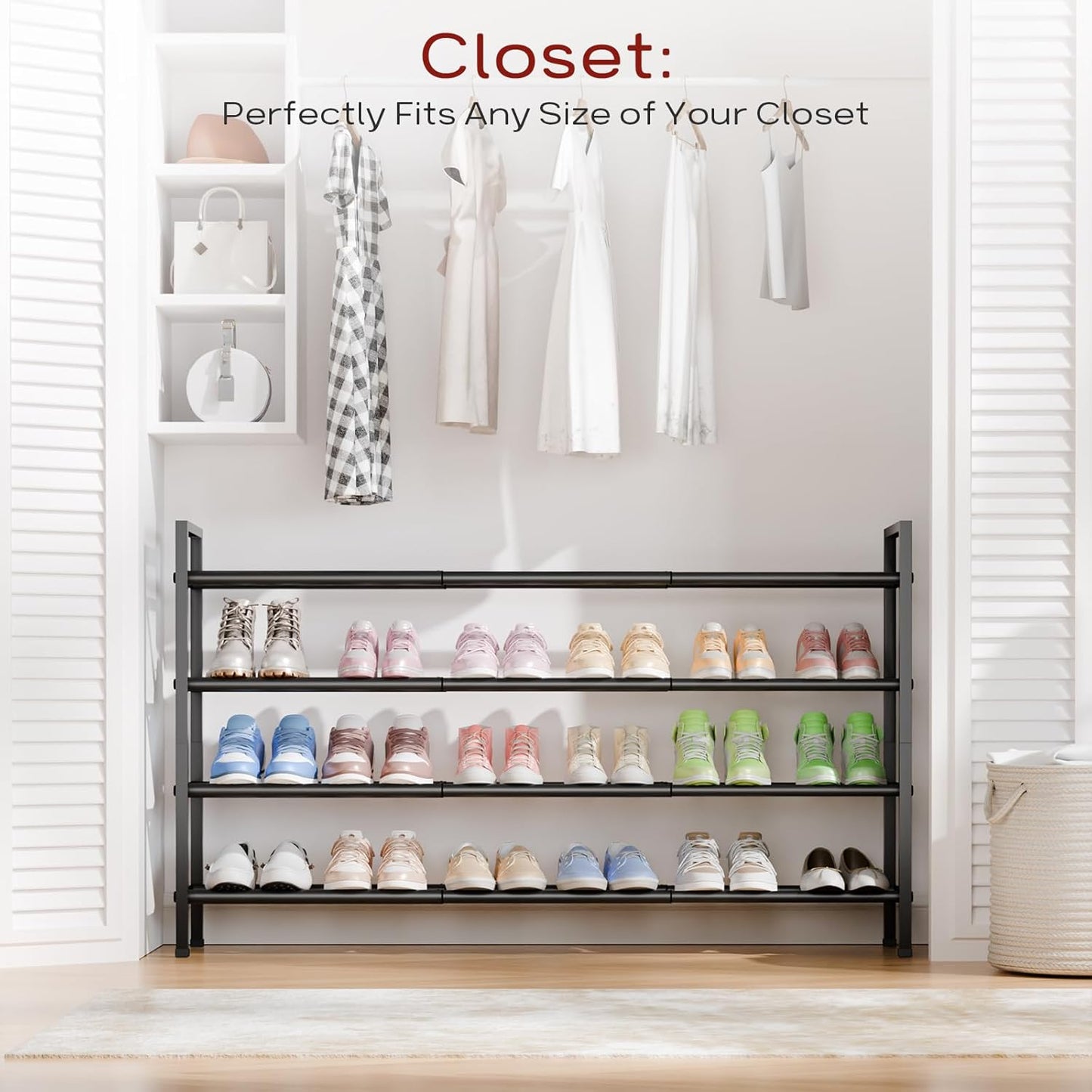 Bumusty 4-Tier Long Expandable Shoe Rack for Closet, 18"-44" Adjustable Shoe Rack for Entryway, 20-24 Pairs Large Shoe Organizer Shelf Storage, Sturdy Metal, Black