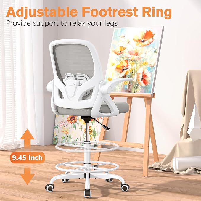 Tall Drafting Chair with Lumbar Support and Footrest Ring, Supportive Tall Extended Height Ergonomic Desk Chair for Home Work, Breathable Mesh Office Chair with Flip up Arms(Gray)