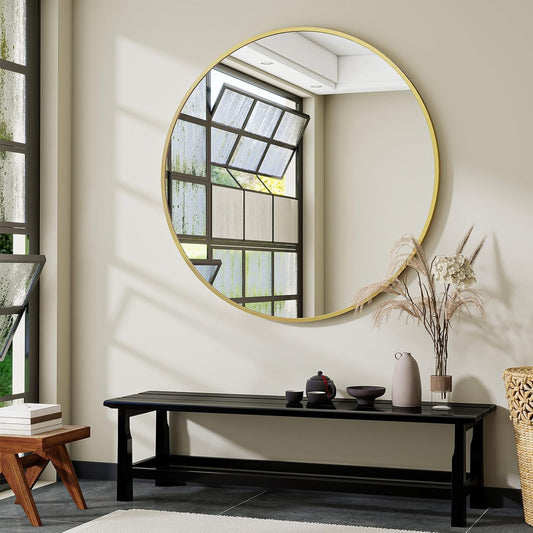 Black Round Bathroom Mirror, 42 inch Large Circle Wall Mounted Hanging Mirror with Simple Modern Circular Metal Frame for Hallway, Entryway, Living Room, Gold Frame