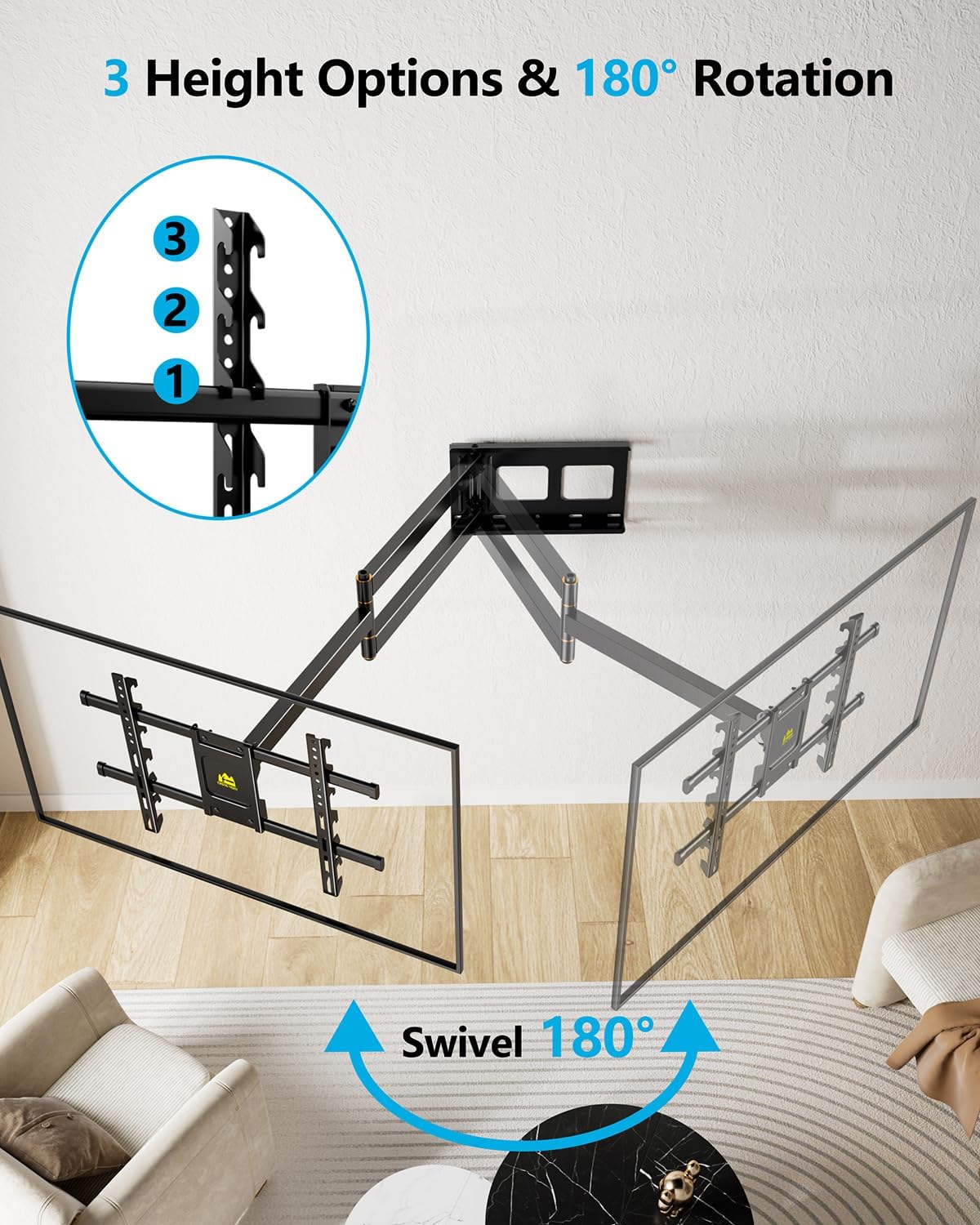 FORGING MOUNT Long Arm TV Wall Mount for 42-90 Inch TVs up to 150 lbs, 36 Inch Extension Full Motion Articulating Wall Mount with Height Setting, Swivel and Tilt, VESA 600x400mm, 8"/12"/16" Wood Studs