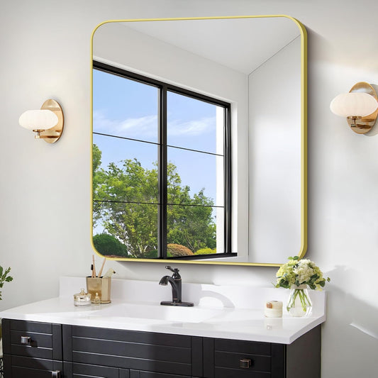FORBATH 40x36 Inch Gold Bathroom Mirror for Over Sink, Large Rectanglar Wall Mirror with Metal Frame, Rounded Corners for Bathroom, Bedroom, Entryway Decor (Horizontal or Vertical)