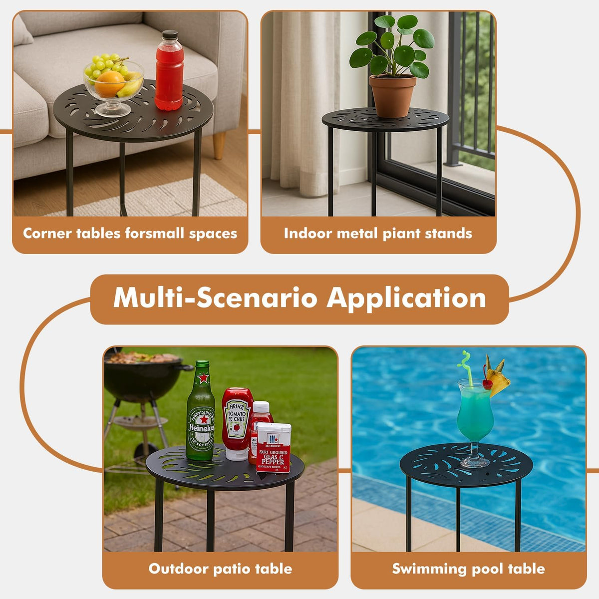 2 Packs 13" Metal Outdoor Side Tables Small Black Outside End Table for Patio Round Accent Corner Stand for Small Spaces Weather-Resistant Coffee Table for Balcony Porch Plant Stand, Monstera Leaf