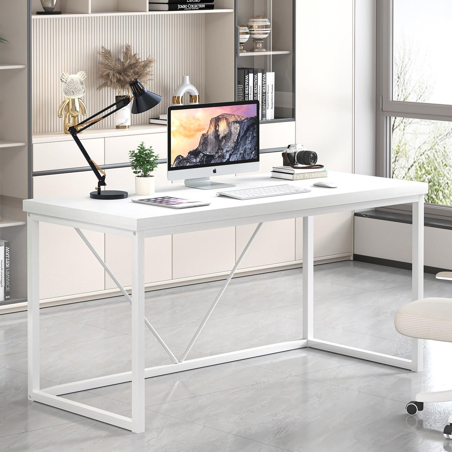 EXCEFUR Home Office Desk, Modern Wood Computer Desk, Wood Study Writing Table, Simple Gaming Executive Desk Workstation for Bedroom Living Room, White, 53 inch