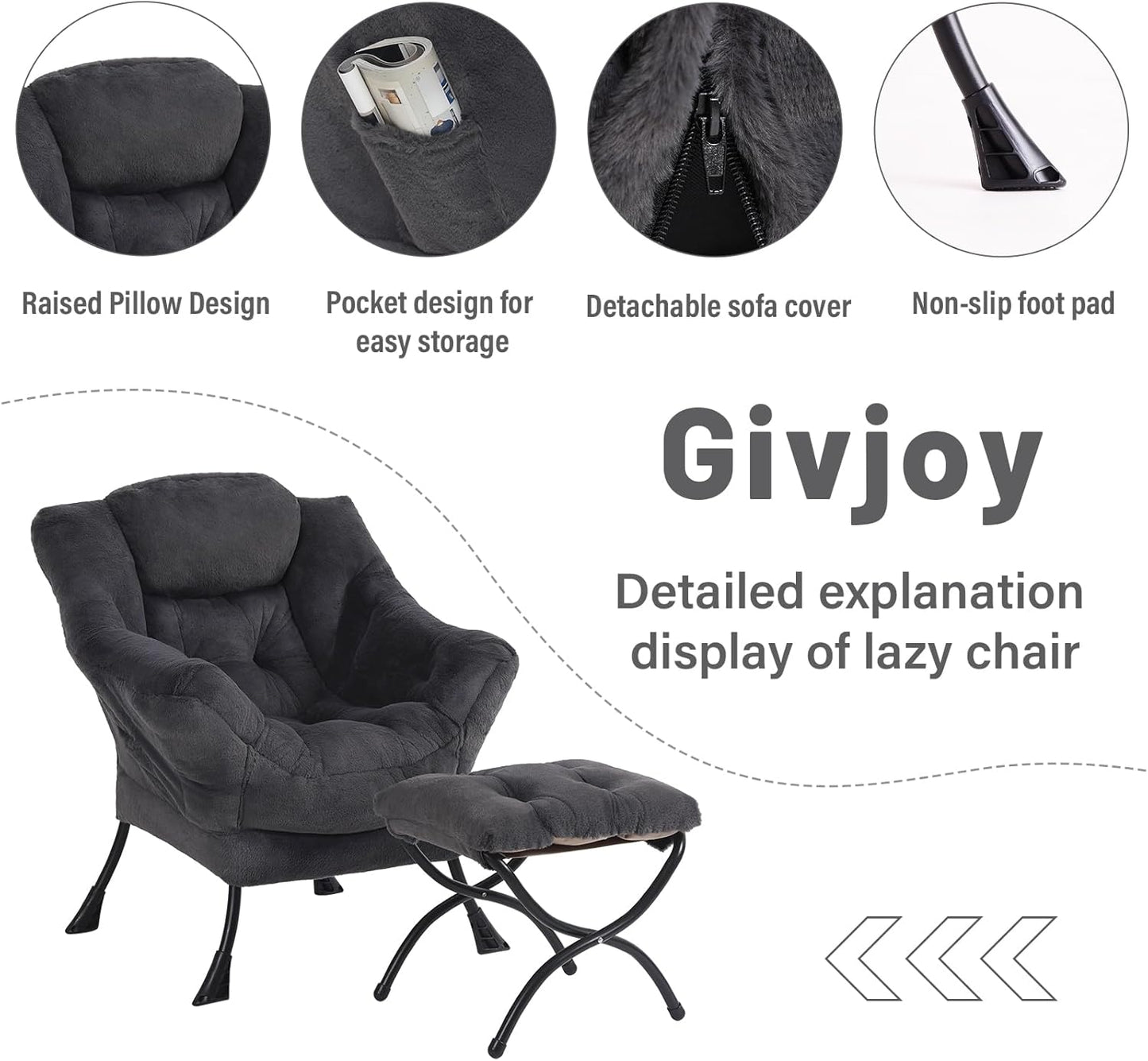 Plush Lazy Chair and Ottoman, Large Contemporary Accent Lounge Chair with Armrests and a Side Pocket, Modern Leisure Upholstered Sofa Reading Armchair with Footrest for Bedroom, Living Room